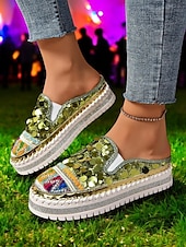 levne Pohodlné sandály-dámské zlaté flitrové tenisky na platformě mules – třpytivé slip-on boty s vyšívanými detaily pro festivaly, párty a street fashion