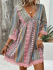 tanie Sukienki boho-Damskie Sukienka mini Codzienne sukienki Sukienka Boho Elegancki Codzienny Urlop Codzienny Regularny Graficzny Geometryczny Rękaw 3/4 W serek Rumiany róż Czerwony Niebieski Lato