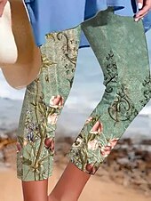 ieftine imprimare florală-Pantaloni legging Capri pentru femei elasticitate ridicată modă streetwear lungime până la gambă talie înaltă imprimare grafică a plantelor respirabil moale pentru exterior zilnic verde vară
