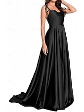 baratos Vestidos para Madrinhas-vestido de dama de honra linha A, alças finas, sem mangas, elegante, cauda curta, charmeuse, com frente aberta / franzido 2025