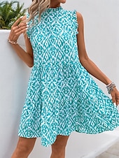 billige Boho-kjoler-Dame Mini kjole Uformell kjole Boho-kjole Bohem Årgang Etnisk Feriereise Daglig Normal Geometrisk Ermeløs Rullekrage Blå Sommer