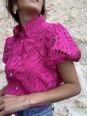 baratos Camiseta lisa-Mulheres Blusa Topo de ilhó Tops de renda Vazado Botões Tecido Diário à moda Básico Manga Curta Colarinho de Camisa Tops regulares Diário Trabalho Feriado Branco Rosa cor de Rosa Primavera Outono