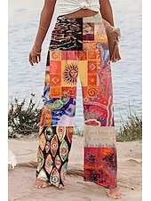 cheap Wide Leg &amp; High Waisted-Women&#039;s Cropped Pants Casual Full Length Natural Printing Comfortable Micro-elastic Casual Daily Pink Blue Orange Spring Loose Fit