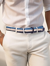 cheap Men&#039;s Belts-Men&#039;s Woven Braided Belt – Stylish and Durable Blue and Beige Design with Leather Accents, Adjustable and Comfortable for Casual or Formal Occasions