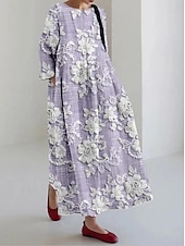 abordables Robes fleuries-Robe maxi féminine robe décontractée vacances coupe ample graphique floral lin-like manches 3/4 col rond bleu violet clair vert beige printemps automne hiver