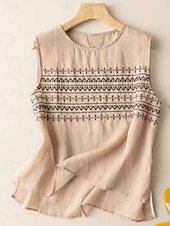 رخيصةأون قمصان مزيفة أساسية-نسائي قميص قمصان قطنية كتان بلوزة كتان قطني صناعي طباعة هندسي أساسي كاجوال بدون كم رقبة عالية مدورة قمصان عادية مناسب للبس اليومي أبيض كاكي رمادي الصيف