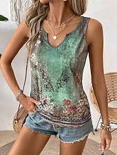 cheap Graphic Tank-Women's Camisole Tank Top Floral Ethnic Casual Sleeveless U Neck Regular Tops Daily Print Green Summer