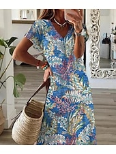 economico Abito Floreale-Per donna Abito maxi Abito cachemire Vestito Casual Abito Boho a Maniche Lunghe Abito a trapezio Bohemien Vacanza Vintage Vacanza Quotidiano Vestibilità regolare Floreale Manica Corta Scollo a V blu