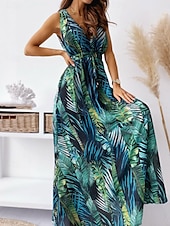 abordables Robes de vacances-Femme Robe Maxi Robe casual mode Décontractées Vacances Casual du quotidien Standard Graphic Sans Manches Col V Noir Blanche Bleu Vert Eté Printemps