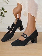 cheap Block Heels-Breathable Fly-knit Mary Jane Pumps with Double Buckle Detail and Chunky Heel, Elegant Style for Women, Ideal for Work, Events and Formal Occasions