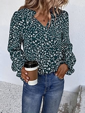 billige Kvinne Grafiske Topper-Dame Skjorte Bluse Blomstret Stilfull Fritid Langermet V-hals Vanlige topper Daglig Trykt mønster Vin Grønn Beige Sommer Vår