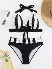 billige Bikinisett-Dame Badetøy Bikini 2 stk Frekk Badedrakt Åpen rygg Tynn Ferie Strand Klær Grafisk V-hals Ermeløs Badedrakter
