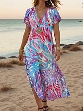 ieftine Rochii boho-Pentru femei Rochie Maxi Rochie casual Rochie A line Stilat Casual Vacanță Zilnic Fit regulat Floral Manșon scurt În V Roșu-aprins Mov Deschis Mov Portocaliu Primăvară Toamnă