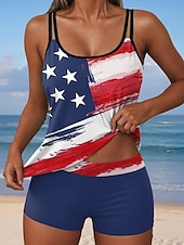 cheap Independence Day swimwear-Women&#039;s Swimsuits Patriotic  Tankini 2 Piece Boy Leg Swimsuit Backless Vacation Beach Wear Flag U Neck Sleeveless Bathing Suits