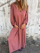 ieftine Rochii de Vacanță-Pentru femei Rochie Lunga Rochie Maxi Rochie casual Rochie Maxi Rochie de vară Stilat Casual Manșon de lanternă Vacanță Zilnic Dată Fit regulat Simplu Manșon Lung În V Roz Îmbujorat Roșu-aprins Kaki