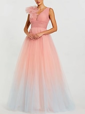 cheap Prom Dresses-Pink Ball Gown A-Line Prom Dresses Elegant Dress Formal Wedding Floor Length Sleeveless V Neck Tulle with Shouder Flower 2025