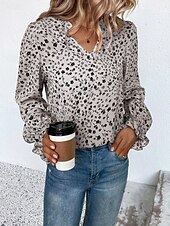 billige Kvinne Grafiske Topper-Dame Skjorte Bluse Blomstret Stilfull Fritid Langermet V-hals Vanlige topper Daglig Trykt mønster Vin Grønn Beige Sommer Vår