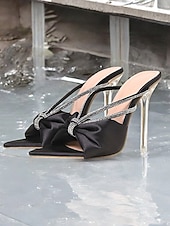 ieftine Sandale cu toc-sandale de damă cu toc cu fundă, din satin, din satin, roz aprins – pantofi stiletto cu vârf ascuțit, glamour, pentru ținute de petrecere și de seară