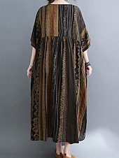 abordables robes imprimées en coton et lin-Femmes Robe maxi Robes en coton et lin Robe Décontractée Basique Occasionnel Vacances Quotidien Coupe régulière Graphique Manche Courte Col ras du cou Marron foncé Rouge Bordeaux Été