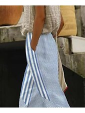 cheap Straight-Leg Pants-Women&#039;s Cotton Linen Pants Baggy Pants Linen Like Elegant Vintage Fashion Full Length High Waist Geometric Plaid Printing Breathable Soft Micro-elastic Outdoor Daily Transparent Blue Regular Fit
