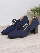 cheap Block Heels-Breathable Fly-knit Mary Jane Pumps with Double Buckle Detail and Chunky Heel, Elegant Style for Women, Ideal for Work, Events and Formal Occasions