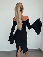 preiswerte Bodycon für den Klub-Damen Midikleid Etuikleid Midi-Kleid Elegantes Kleid Elegant Ausgestellter Ärmel Täglich Regular Fit Feste Farbe Langarm Schulterfrei Schwarz Fuchsie Aprikose Herbst