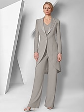 cheap Mom&#039;s Pant Suits-Pantsuit 3 Piece Mother of the Bride  Elegant V Neck Floor Length Stretch Fabric Long Sleeve Wrap Included with Solid Color 2025