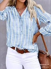 voordelige Overhemden-Dames Overhemd Linnen-geïnspireerde overhemden Knoop omhoog Gestreept Dagelijks Stijlvol Basic Lange mouw Overhemdkraag Normale tops Werk Dagelijks Feestdagen Knop Khaki Donkergrijs Licht Blauw Lente