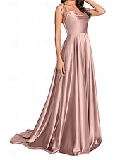 baratos Vestidos para Madrinhas-vestido de dama de honra linha A, alças finas, sem mangas, elegante, cauda curta, charmeuse, com frente aberta / franzido 2025