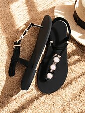 economico Sandali Eleganti-sandali bassi da donna con strass bohémien – eleganti sandali estivi da spiaggia con cinturino a T e design con perline di perle per le vacanze e l&#039;abbigliamento casual