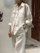 economico Set in cotone e lino-Per donna Moda Streetwear Quotidiano Camicia Set ispirati al lino Set da due pezzi Pantaloni a Gamba Larga Manica Lunga Colletto a Camicia Semplice Casuale Quotidiano Bianco Rosa Verde militare Estate