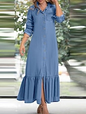 economico Abiti di jeans-Per donna Abito lungo Abito lungo Abiti di jeans Abito casual Abito estivo Di tendenza Esterno Per eventi Appuntamento Standard Liscio Manica lunga Colletto Blu Blu scuro Estate Primavera