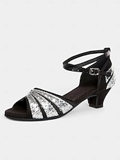 cheap Latin Shoes-Silver Glitter Dance Sandals for Women | Elegant Open Toe Heel with Adjustable Strap | Perfect for Ballroom, Salsa &amp; Evening Wear