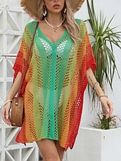 abordables Robes de plage-Maillots de Bain Femme Couverture Robe de Bain Maillot de Bain Découpe Vacances Plage Vêtements Ombre Col en V Manches Longues Maillots de Bain