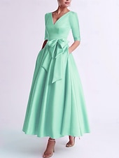 halpa Cocktailmekot-A-linjainen cocktail-mekko elegantti mekko häävieras tee-pituus 3/4-pituiset hihat V-kaula tasku satiini solmulla mekot