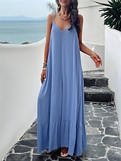 preiswerte Einfaches Kleid-Damen Maxi Kleid Strandkleid Slip Kleid Urlaub Strandurlaub Unifarben Lässig Täglich Lockere Passform Grafik Ärmellos Träger Schwarz Rot Himmelblau Grün Sommer
