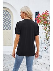 billige Kvinne Enkle Topper-Dame Boho T-skjorte Grafisk عادي Bohem søt stil Stilfull Kortermet Puffermer V-hals Vanlige topper Daglig Ut på byen Helg Trykt mønster Grå og Hvit Svart+Hvit+Grå Svart Lysegrønn Vin Sommer