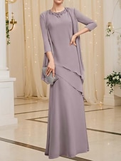 preiswerte Mit Jacke-Zweiteiliges Kleid der Mutter der Braut Elegant Vintage Einfach Juwel-Ausschnitt Bodenlang Chiffon 3/4 Länge Ärmel Jackett Kleider mit Pailletten Beading Kaskadierende Rüschen