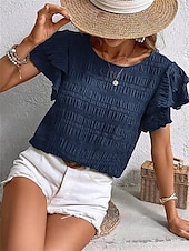 cheap Work Tops-Women&#039;s Blouse Solid Color Elegant Daily Stylish Short Sleeve Crew Neck Regular Tops Daily Holiday Going out Ruffle Patchwork Sage Green Red Navy Blue Purple Green Summer Spring