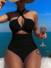 billiga One-piece-baddräkter-Kvinnors baddräkter en del monokini baddräkter rygglös mage kontroll hög midja smal semester strandkläder enfärgad halterneck ärmlös baddräkt