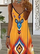 tanie Sukienki boho-Damskie Sukienka maxi Codzienne sukienki Sukienka A line Sukienka na ramiączkach Bohema Urlop Zabytkowe Urlop Codzienny Regularny Geometryczny Bez rękawów W serek Pomarańczowy Lato