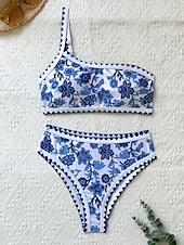 billiga Bikiniset-Dam Badkläder Bikini 2 st Kalsonger Baddräkt Öppen rygg Smal Semester Standkläder Blommig Asymmetrisk hals Ärmlös Baddräkter