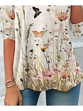 billige Blomster t-skjorte-Dame T skjorte Blomstret Elegant Årgang Mote Langermet Crew-hals Vanlige topper Daglig Ut på byen Helg Trykt mønster matt-hvit Sommer Vår