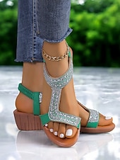 economico Sandali con zeppa-sandali con cinturino a T scintillanti per donna: sandali con zeppa comodi ed eleganti con accenti di strass, ideali per uscite informali, feste estive e occasioni speciali