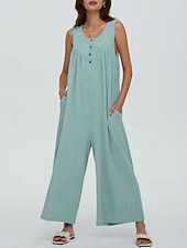 preiswerte lässige Overalls-Damen Normal Jumpsuit Aktiv Feste Farbe Ärmellos U-Ausschnitt Knopf Tasche Urlaub Täglich Regular Fit Schwarz Marineblau Blau Sommer