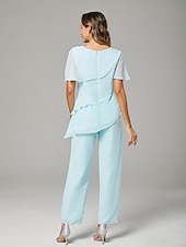 abordables Costumes-pantalons pour maman-Combinaison  Tailleur Deux Pièces Mère de la Mariée Élégant Grande Taille Col Bijou Longueur de Sol Chiffon Manches Courtes avec Volants Cascadants 2025