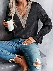 cheap Women&#039;s Plain Tops-Women&#039;s Shirt Blouse Solid Color Stylish Casual Long Sleeve V Neck Regular Tops Daily Lace Patchwork Black Green Summer Spring