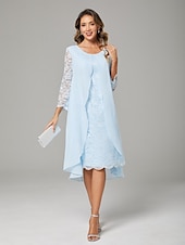 baratos Com jaqueta-Vestido A-Line de Mãe da Noiva Elegante Plus Size Gola Redonda Comprimento Até o Joelho Chiffon Renda Manga Longa com Renda 2025