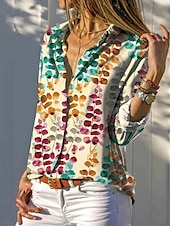 cheap Floral Tops-Women&#039;s Shirt Leaves Casual Long Sleeve Shirt Collar Regular Tops Work Daily Buttons Print Khaki Spring Fall