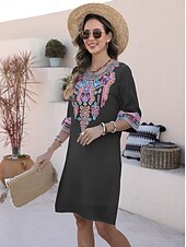 cheap Casual Dress-Valentine&#039;s Day Women&#039;s Normal Mini Dress Boho Chic Dresses A Line Dress Bohemia Stylish Classic Elbow Sleeve Vacation Party Casual Form Fit Floral Plain 3/4 Length Sleeve Crew Neck Black White Summer